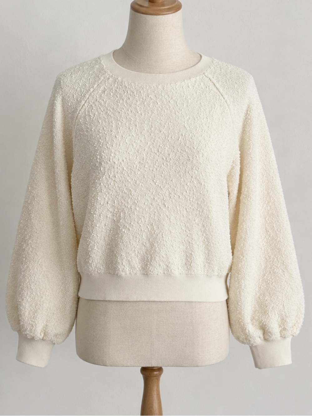 Free People Cotton Cream Popcorn Textured Knit Balloon Sleeve Sweater Size SP